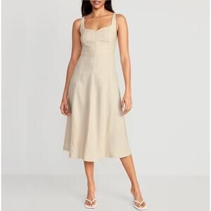 Old Navy Fit & Flare Sleeveless Linen-Blend Midi Dress Beige Cream Small Linen